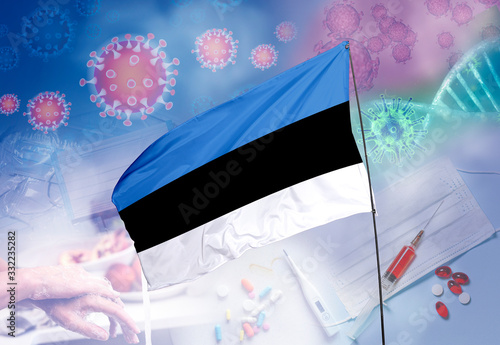 Coronavirus (COVID-19) outbreak and coronaviruses influenza background as dangerous flu strain cases as a pandemic medical health risk. Estonia Flag with corona virus and their prevention.