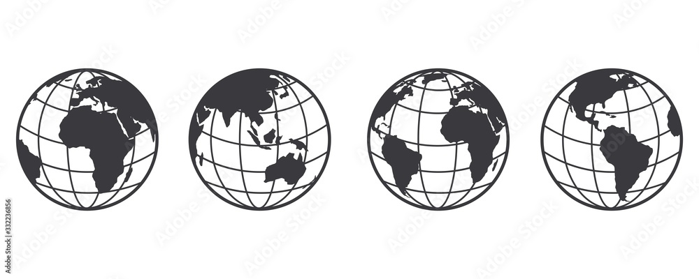 Earth globe icon set. earth hemispheres with continents. world map in globe shape isolated on white background. vector - obrazy, fototapety, plakaty 