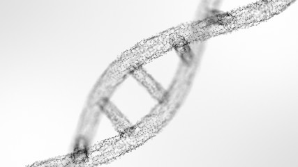 3D illustration. Human DNA from a 3D grid. Plexus effect. Hereditary disease. Research of generations and heredity. Black and white illustration.