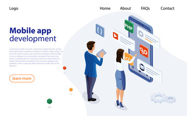 Mobile app designers man and woman are developing new app. Application Programming Interface, software development tool. Mobile application development process. Programming and coding app development.