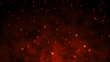 Flying Red Fire Sparks. Glowing Particles. Abstract Background. Bonfire. 3D Rendering.