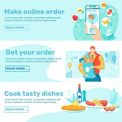 Food Ordering Steps Web Banner Flat Templates Set