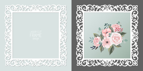 Wall Mural - Laser cut lace square frame, vector template. Ornamental cutout photo frame with pattern. Vintage background with flowers inside the cut out frame.