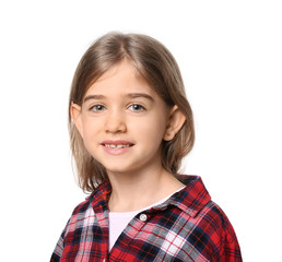 Wall Mural - Happy little girl with healthy teeth on white background