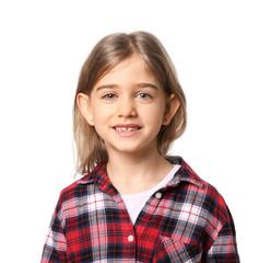 Wall Mural - Happy little girl with healthy teeth on white background