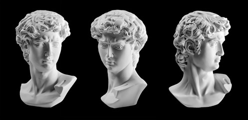 gypsum statue of david's head. michelangelo's david statue plaster copy isolated on black background
