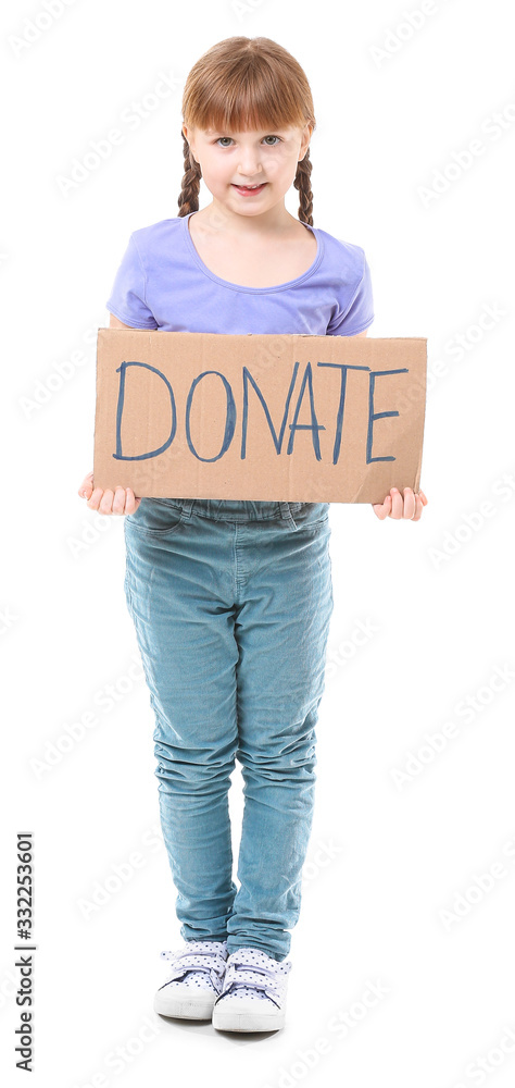 Little girl holding cardboard with text DONATE on white background