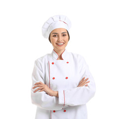 Portrait of female chef on white background