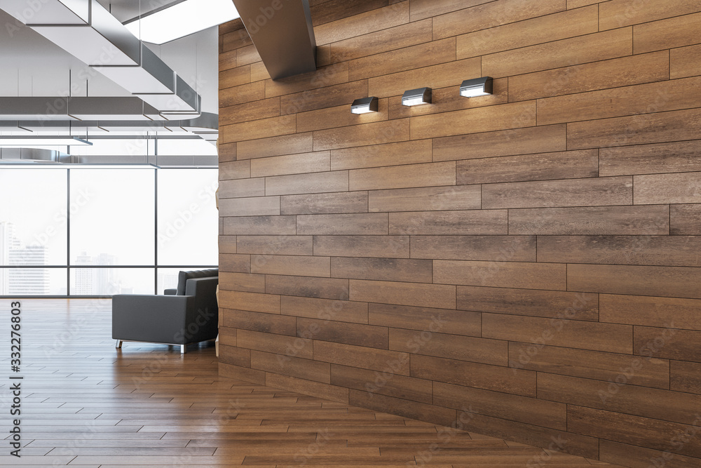 Modern office interior with blank wooden wall. - obrazy, fototapety, plakaty 