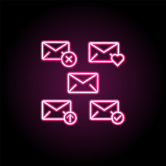 Sticker - Envelope, remove, heart, upload, check sign neon icon. Simple thin line, outline vector of web icons for ui and ux, website or mobile application