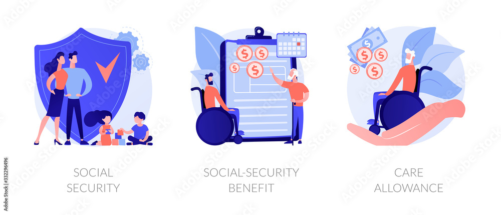 Families with children protection. Disabled and retired people financial support. Social security, social-security benefit, care allowance metaphors. Vector isolated concept metaphor illustrations - obrazy, fototapety, plakaty 