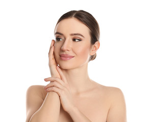 Poster - Portrait of young woman with beautiful face on white background