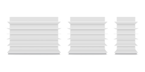 Blank empty showcase display with retail shelves. Front view. Vector mock up.