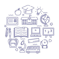 Wall Mural - set of school doodles vector illustration in circle template. education icons in line style such as 