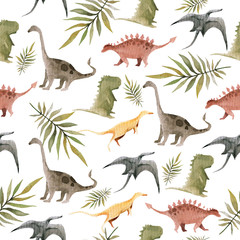 Hand drawing watercolor сhildren's pattern of cute dino and tropical leaves of palm. Funny dinosaur perfect for posters, children's fabric, prints.  illustration isolated on white