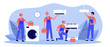 © Bro Vector - Happy servicemen repairing machines at home flat vector illustration. Electrician, mechanic or repairer at work. Repair and maintenance concept.