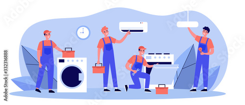 Cuadros en Lienzo Happy servicemen repairing machines at home flat vector illustration