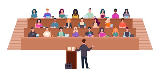 students in lecture hall. learning process in university, students and teacher in auditorium, profes