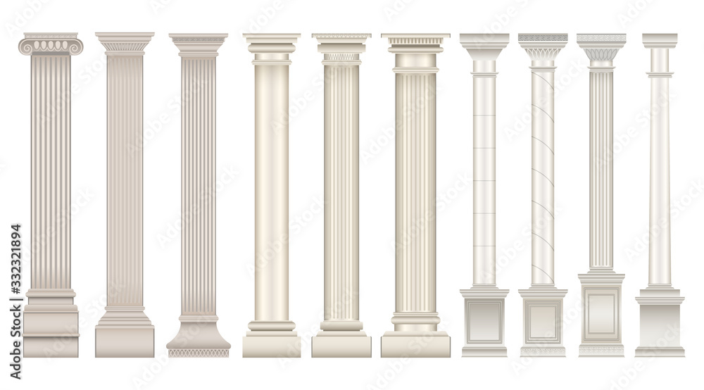 Antique column realistic set icon. Isolated vector realistic set icon classic pillar. Vector illustration antique column on white background . - obrazy, fototapety, plakaty 