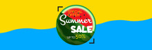 Summer Sale Banner Design With Watermelon On Yellow Blue Duo Tone Background