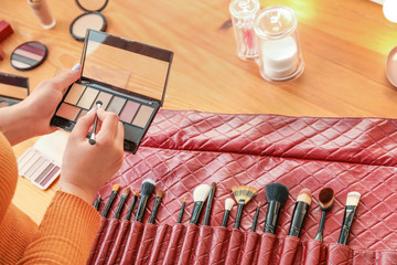 Professional makeup artist choosing brush, closeup