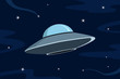 Flying saucer in sky. Cartoon style. Vector illustration.