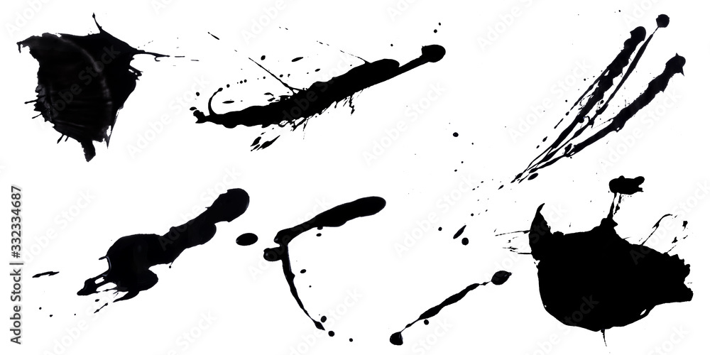 abstract ink black of stain or splash black watercolor paint and liquid Ink splash splatter is  black line calligraphy of brush isolated on white background with clipping path - obrazy, fototapety, plakaty 