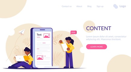 Create content concep. People are working on creating information al-information posts on social networks or news sites. Modern flat vector illustration. Landing web page template.