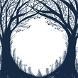 Drawn enchanted forest. Vector black and white frame. Silhouette of trees and grass.