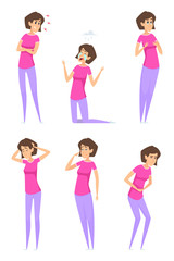 Poster - Pms symptoms. Woman cycles monthly periodical pain of female medical syndrome cup bloat vector characters. Pms period menstruation, problem and syndrome female cycle illustration