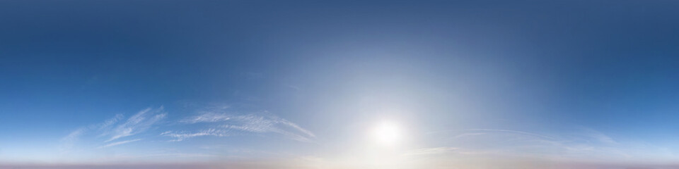 Wall Mural - Seamless morning hdri panorama 360 degrees angle view clear blue sky with clouds with zenith for use in 3d graphics or game development as sky dome or edit drone shot