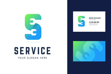 Logo and business card template for auto, repair services, system administrators, car services. Vector illustration with wrench sign in origami, overlapping style.