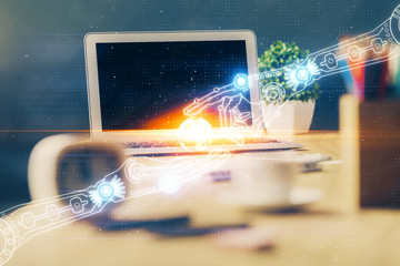 double exposure of desktop computer and technology theme hologram. concept of software development.