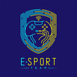 Esport logo icon outline stroke in shield frame, Joypad or Controller gaming gear with hand design illustration isolated on dark blue background with Esport Team text and copy space, vector eps 10