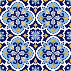 Wall Mural - Spanish tile pattern vector seamless with floral motifs. Sicily italian majolica, portuguese azulejos, mexican talavera, venetian ceramic. Vintage background for kitchen wall or bathroom floor.