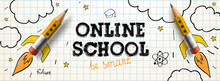 Online School. Digital Internet Tutorials And Courses, Online Education. Vector Banner Template For Website And Mobile App Development