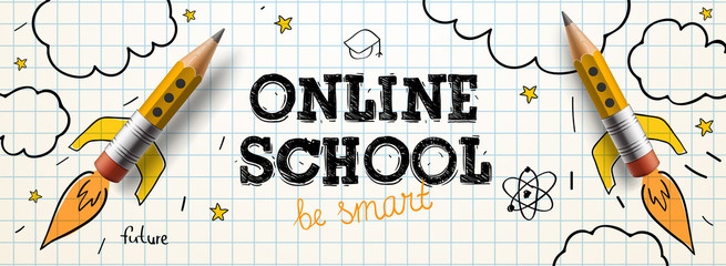 online school. digital internet tutorials and courses, online education. vector banner template for 