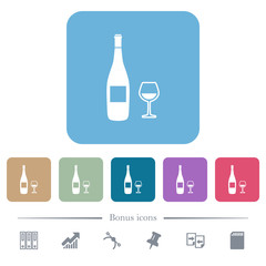 Wall Mural - Wine bottle and glass flat icons on color rounded square backgrounds