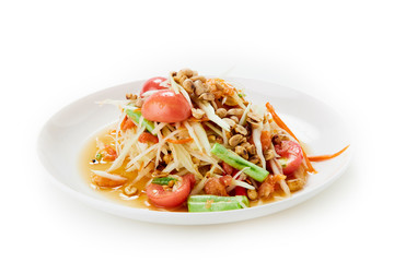 Spicy papaya salad northeast Thai food on white