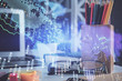 © peshkova - Financial chart hologram with glasses on the table background. Concept of business. Double exposure.