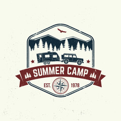 Wall Mural - Summer camp. Vector. Concept for shirt or logo, print, stamp or tee. Vintage typography design with camper trailer, forest and mountain silhouette.