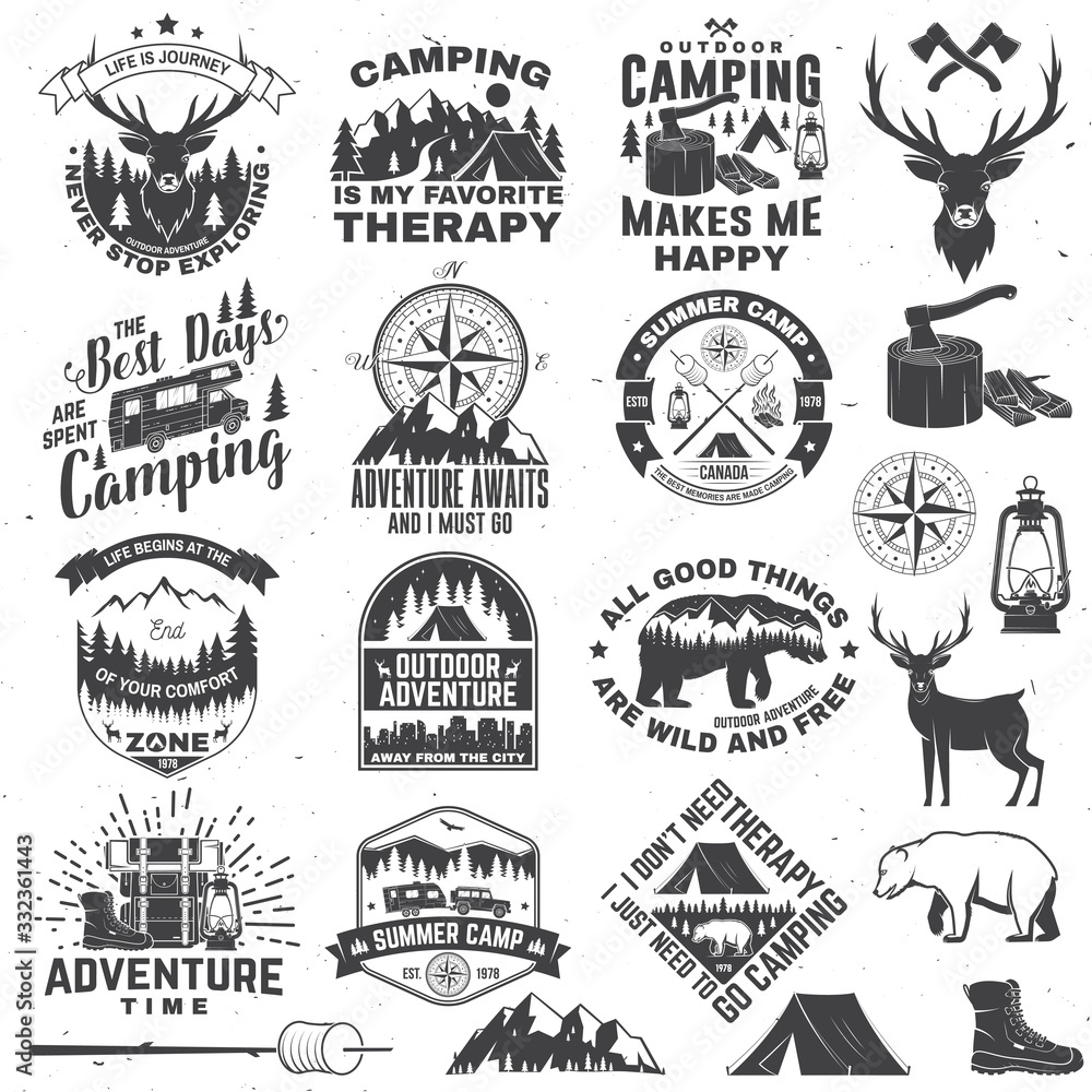Set of outdoor adventure quotes symbol. Vector. Concept for shirt or logo, print, stamp, tee. Vintage design with hiking boots, camping tent, lantern, axe, mountains, bear, deer, forest silhouette - obrazy, fototapety, plakaty 