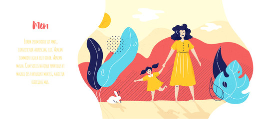 Wall Mural - Happy mom and daughter are walking in the park. Family vector banner in flat linear style.