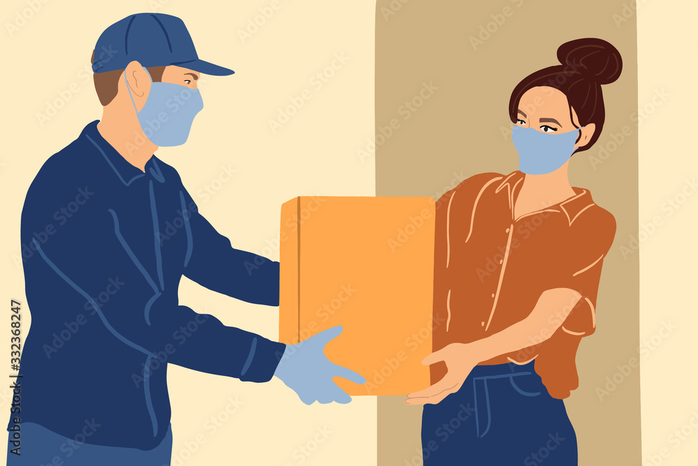 Illustration of a delivery man in medical facial mask and gloves delivering parcel to a young woman during a quarantine. Concept of delivery of goods during the epidemic - obrazy, fototapety, plakaty 