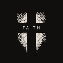 The Sign Of The Abstract Hand-drawn Cross With The Word Faith. Vector Religious Illustration. Catholic And Christian Symbol. Black And White Pencil Drawing