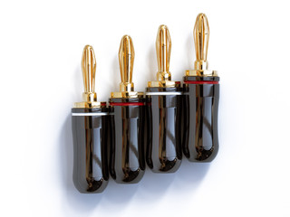 Gold plated red and black high quality banana plugs for cable speakers, isolated on white.