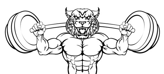 Wall Mural - A wildcat animal body builder sports mascot weight lifting a barbell