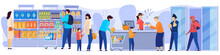 People In Grocery Store, Line At Cash Desk, Supermarket Customers, Vector Illustration. Men And Women Buying Groceries In Shop. Customers Cartoon Characters, Scene From Grocery Store Or Supermarket