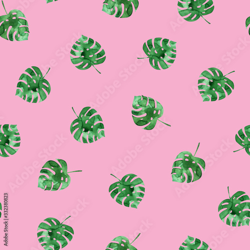 Cuadros en Lienzo Seamless pattern with watercolor monstera leaves