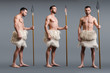 collage of muscular caveman with spear on grey, evolution concept